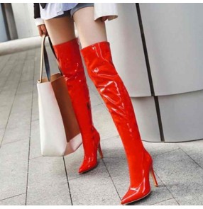 Women Red stretch patent leather high heel shoes nightclub pole dance photos over-the-knee boots stiletto heel Super high heels 